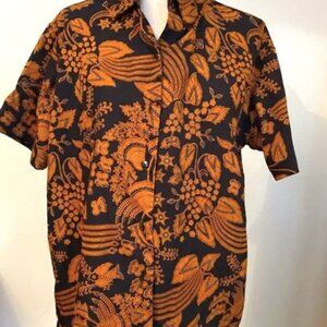 Orange Floral Design on Black Button-Down Shirt